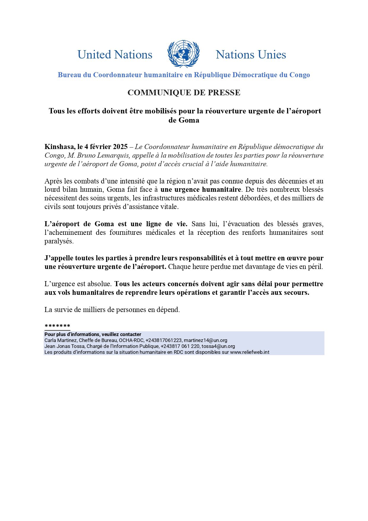 la réouverture urgente de l’aéroport de Goma, point d’accès crucial à l’aide humanitaire, demande le Bureau du coordonateur  humanitaire  en République  Démocratique du Congo .