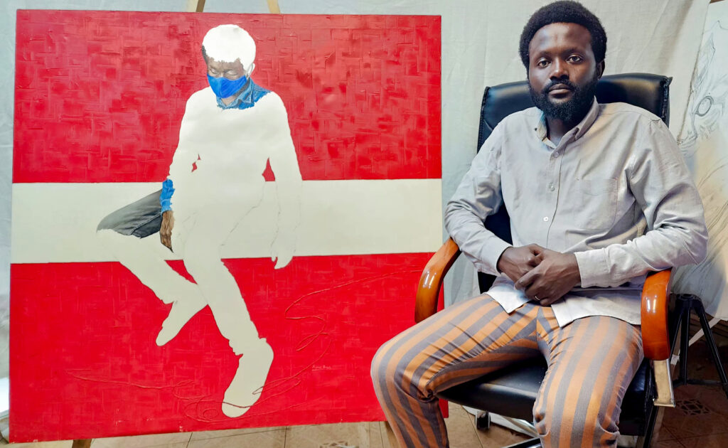 La  teinte  vibrante en rouge   représente  toute les vies humaines perdues dans des violents affrontements, message de l’artiste peintre Benito Mupenzi