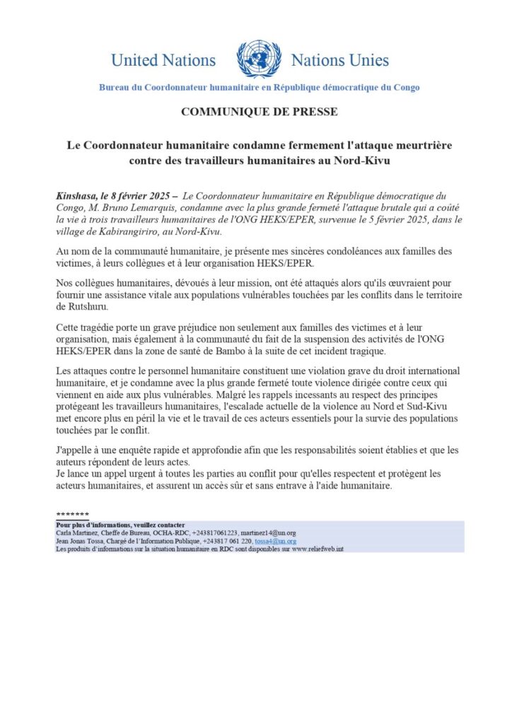 Trois humanitaires tués dans le  village de Kabirangiriro  au Nord-Kivu,  le bureau du coordinateur  Humanitaire en RDC condamne cet acte criminel.