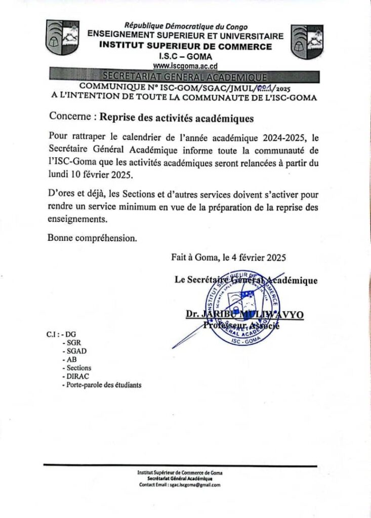 Une semaine après l’arrêt brusque, l’institut Supérieur de Commerce de Goma appelle son personnel et ses étudiants  à la reprise des activités académiques