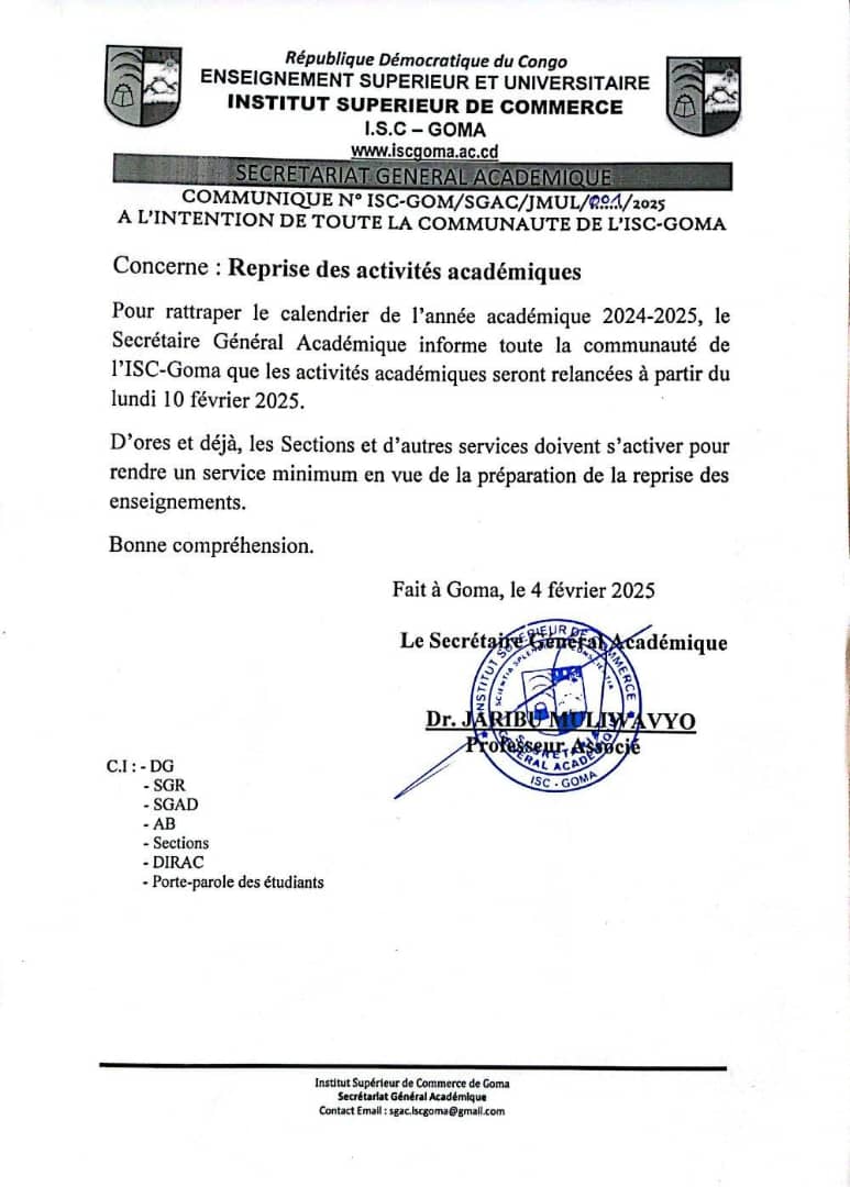 Une semaine après l’arrêt brusque, l’institut Supérieur de Commerce de Goma appelle son personnel et ses étudiants  à la reprise des activités académiques