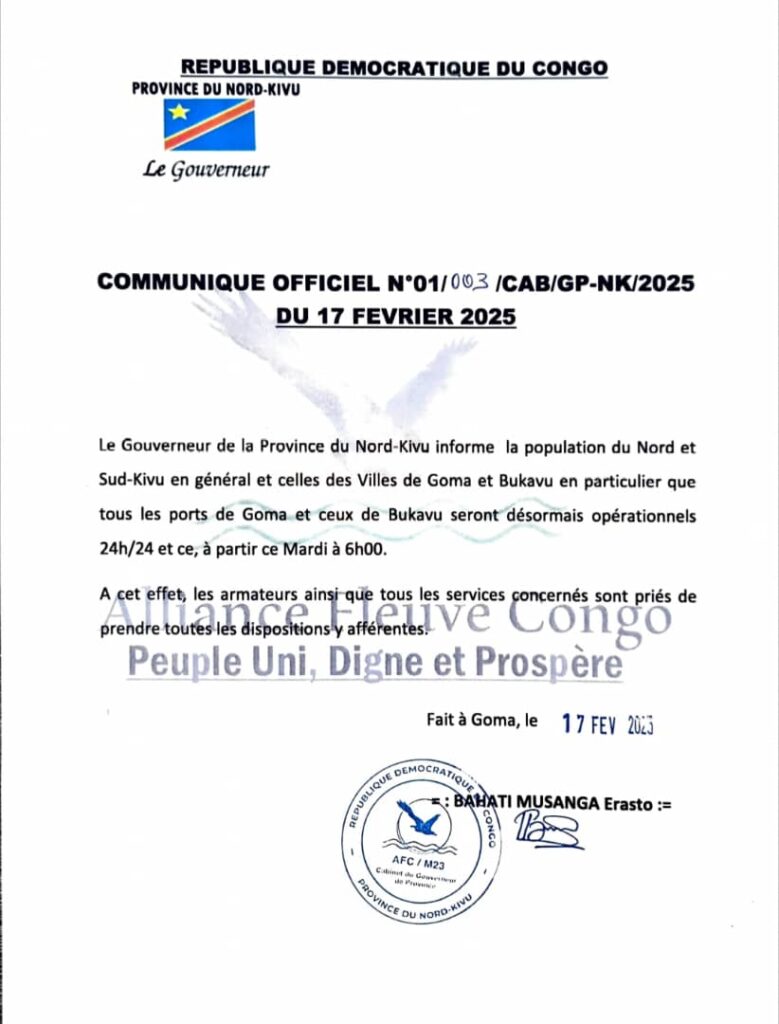 Ouverture du transport lacustre entre Goma et Bukavu après trois semaines de suspension