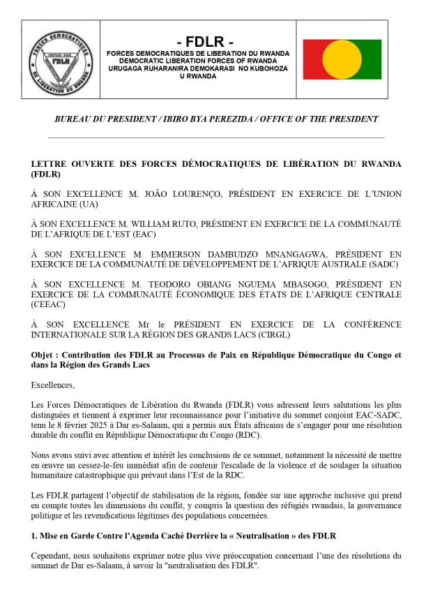 Dans une lettre adressée ouverte Les FDLR dénoncent leur « neutralisation » et appellent à une paix inclusive en RDC